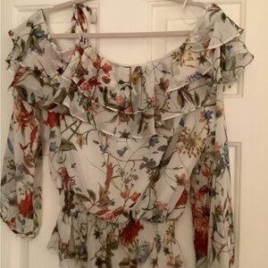 AQUA Fall Floral off the shoulder semi Sheer Long Sleeve Top Women's‎ L